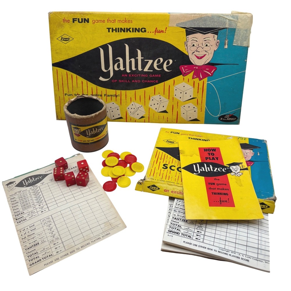Vtg 1956 Yahtzee Game Complete ES Lowe No 950 Red Dic Chips Cups Score Pads Box